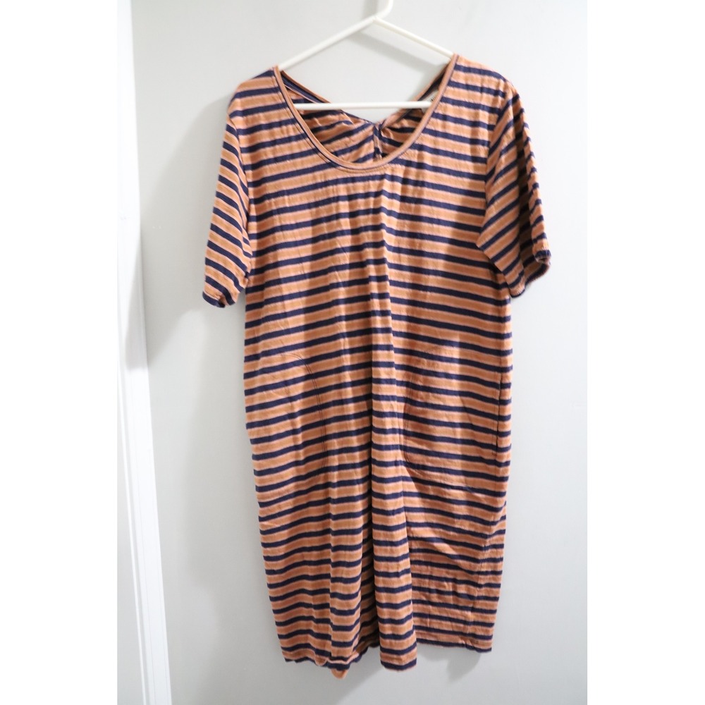 Pact Organic Cotton Striped T-Shirt Dress XL Orange Navy Twist Back Midi Pockets